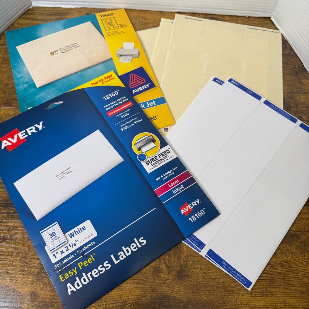 Avery Address Labels Bundle 18160 White 18660 Clear 1x2-5/8" 390 Total Y2K Prop